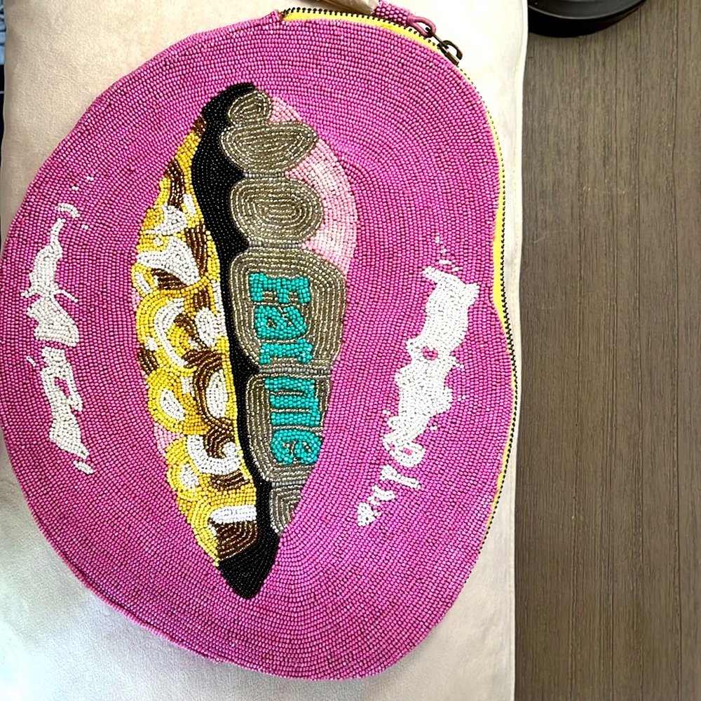Ashley Longshore original beaded “Eat Me” clutch